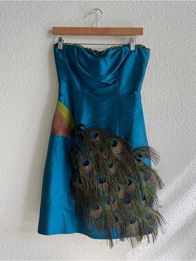YALY Vintage Strapless Peacock-Embellished Teal Dress SZ 0